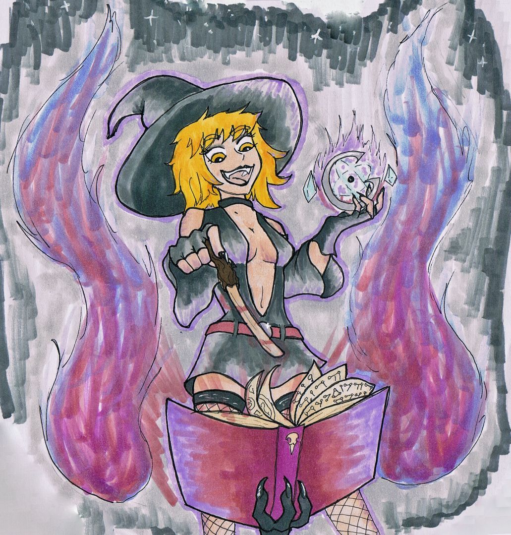 Art of a somewhat crazy witch casting spells from a book.